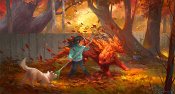 1girl aqua_jacket autumn autumn_leaves backyard birch_tree black_hair black_pants child commentary dappled_sunlight dated day dog dragon english_commentary falling_leaves fence foliage forest full_body grass highres holding_rake jacket leaf leaf_pile leaf_wings long_hair looking_at_animal nature original outdoors pants plant plant_monster potted_plant profile rake red_eyes sandara scenery shirt signature solo standing sunlight tree white_dog white_shirt wooden_fence