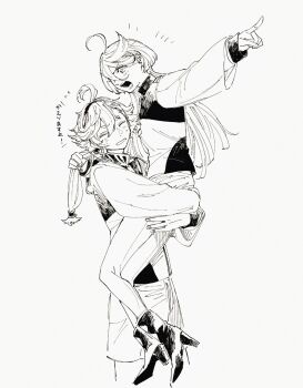 2girls arms_around_waist asticassia_school_uniform blush boots closed_eyes commentary_request greyscale gundam gundam_suisei_no_majo hairband high_heel_boots high_heels highres miorine_rembran monochrome multiple_girls oosawa_yayoi open_mouth pantyhose pointing ponytail school_uniform shorts suletta_mercury thick_eyebrows