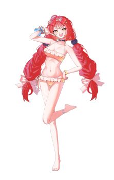 1girl 4chillea :d absurdres ahoge alternate_costume ankle_strap bangle bare_arms bare_legs bare_shoulders barefoot bikini black_choker blue_bow blunt_bangs blurry bow bracelet breasts bright_pupils choker collarbone commentary depth_of_field eyewear_on_head finger_to_cheek fingernails frilled_bikini frills full_body green_eyes groin hair_bow hair_ornament halterneck hand_on_own_hip hand_up heart heart-shaped_eyewear heart_o-ring highres jewelry leg_up long_fingernails long_hair looking_at_viewer low_twintails medium_breasts navel o-ring o-ring_choker open_mouth red-tinted_eyewear red_hair rimless_eyewear scrunchie simple_background smile solo sphere_hair_ornament standing standing_on_one_leg stomach sunglasses swimsuit teeth tinted_eyewear twintails ukinami_yuzuha upper_teeth_only very_long_hair white_background white_bow white_pupils wrist_bow wrist_scrunchie yellow_bikini yellow_scrunchie zenless_zone_zero