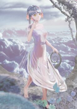 1girl absurdres bare_arms bare_shoulders barefoot blue_sky blunt_bangs cloud collarbone commentary_request dandelion day dress feet finger_to_cheek floating_island flower full_body grey_hair happy highres long_dress nikki_(series) off-shoulder_dress off_shoulder outdoors see-through_clothes see-through_dress shining_nikki short_hair_with_long_locks short_sleeves single_sidelock sky solo stopflow tiptoes toes tree walking white_dress yellow_eyes yexiao_(shining_nikki)