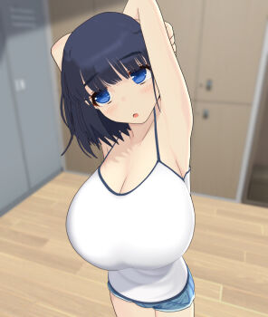 3d arm_up armpits bare_arms bare_shoulders blue_eyes blue_hair blush breasts cleavage commentary_request custom_maid_3d_2 huge_breasts large_breasts looking_to_the_side marufe medium_hair noa_(marufe) open_mouth original short_shorts shorts shortstack standing tank_top