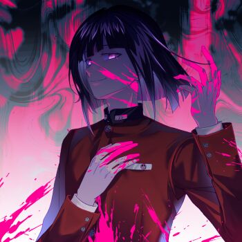 Rule 34 | 1boy, blood, blood on clothes, blood on face, blood on hands, blood on neck, buttons, chinese commentary, closed mouth, colored inner hair, commentary request, eyelashes, hand on own chest, hand up, high collar, highres, jacket, long sleeves, male focus, multicolored hair, pink blood, pink eyes, purple hair, red jacket, short hair, smile, solo, the hundred line -last defense academy-, tsukumo ima, two-tone hair, upper body, variant set, white hair, zhuixuesnow