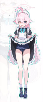 Rule 34 | !?, 1girl, absurdres, ahoge, alternate costume, apron, aqua outline, black dress, blue archive, blue bow, blue bowtie, blue eyes, blue one-piece swimsuit, blue shoes, blush, bow, bowtie, cameltoe, clothes lift, commentary, do you want to pet my cat (meme), dress, dress lift, enmaided, frilled apron, frills, full body, groin, heterochromia, highres, hoshino (blue archive), huge ahoge, id card, long hair, looking at viewer, maid, maid apron, maid headdress, meme, moyashi dorobou, old school swimsuit, one-piece swimsuit, open mouth, orange eyes, outline, pink hair, puffy short sleeves, puffy sleeves, school swimsuit, shoes, short sleeves, small sweatdrop, socks, speech bubble, standing, sweat, swimsuit, swimsuit under clothes, very long hair, white apron, white socks, zoom layer