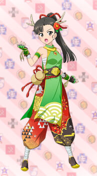 bandaged_hand bandages belt bottle chest_sarashi fighting_stance flower gauntlets girls_und_panzer girls_und_panzer_senshadou_daisakusen! hair_flower hair_ornament hair_rings highres logo monk nishi_kinuyo official_art patterned pelvic_curtain puffy_pants sake_bottle sarashi serious standing