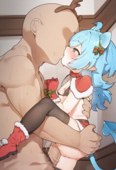 1boy 1girl absurdres antlers bikini black_bikini black_thighhighs blue_eyes blue_hair blue_tail blush boots bound bound_wrists breasts capelet censored clothed_female_nude_male commentary_request faceless faceless_male fake_antlers freehoney french_kiss from_side fur-trimmed_boots fur-trimmed_capelet fur-trimmed_gloves fur-trimmed_skirt fur_trim gloves hetero highres horns kiss loli long_hair looking_at_viewer miniskirt mosaic_censoring nipples no_panties nude original paid_reward_available penis pointy_ears pussy red_boots red_capelet red_gloves red_skirt reindeer_antlers rurume_(freehoney) santa_costume skirt small_breasts swimsuit tail thighhighs
