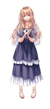 1girl amakano_2 blonde_hair blue_dress blush breasts cleavage collarbone dress full_body hair_between_eyes hands_up huge_breasts long_dress long_hair looking_at_viewer official_art open_mouth own_hands_together piromizu purple_eyes shoes short_sleeves simple_background smile solo standing tachi-e transparent_background tsutamachi_chitose