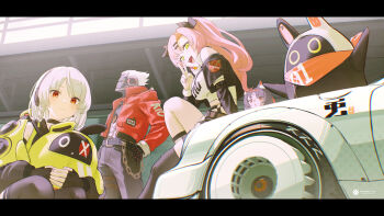 1boy 3girls absurdres anby_demara animal_ears bangboo_(zenless_zone_zero) billy_kid black_gloves black_jacket black_pants cat_ears cat_girl dark-skinned_female dark_skin eous_(zenless_zone_zero) fingerless_gloves gloves green_eyes highres jacket looking_at_viewer multiple_girls nekomiya_mana nichole_daniels open_mouth pants pink_hair piroshiki_(aoraro) red_eyes red_jacket shirt short_hair smile spiked_hair white_hair white_shirt zenless_zone_zero