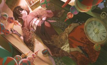 1girl absurdres akibare_(mmpv2224) black_gloves black_shoes blue_eyes brown_hair clock commentary_request full_body gloves high_heels highres japanese_clothes kimono long_sleeves lying obi on_back original parted_lips red_kimono sash shoes short_hair solo wide_sleeves