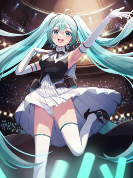 1girl :d arm_up armpits bare_shoulders black_hairband blue_eyes blue_hair blush breasts commentary_request commission detached_collar dress elbow_gloves gloves hair_between_eyes hairband hand_up hatsune_miku highres long_hair miku_symphony_(vocaloid) open_mouth panties piroshiki_(piroshiki13) pixiv_commission short_dress sleeveless sleeveless_dress small_breasts smile solo stage stage_lights standing standing_on_one_leg teeth thighhighs thighs twintails underwear upper_teeth_only upskirt very_long_hair vocaloid white_dress white_gloves white_panties