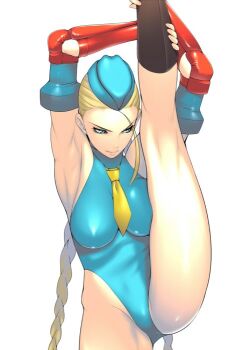 Rule 34 | 1girl, ahoge, armpits, ass, blonde hair, blue eyes, blue leotard, braid, cammy white, capcom, curvy, female focus, flexible, garrison cap, hat, highleg, highleg leotard, huge ahoge, ken19941028, kneepits, leg up, legs, leotard, long hair, necktie, shiny skin, simple background, solo, split, standing, standing on one leg, standing split, street fighter, street fighter zero, twin braids, very long hair, white background, wide hips