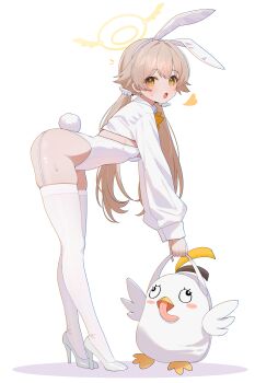1girl :o absurdres alternate_costume animal_ear_hairband animal_ears bag bent_over blue_archive bow bowtie breasts brown_eyes brown_hair character_bag commentary fake_animal_ears fake_tail from_side full_body garter_straps hairband halo heart hifumi_(blue_archive) high_heels highleg highleg_leotard highres holding holding_bag leotard long_hair long_sleeves looking_at_viewer open_mouth peroro_(blue_archive) playboy_bunny puffy_long_sleeves puffy_sleeves rabbit_ear_hairband rabbit_ears rabbit_tail shoes shrug_(clothing) shusuchii simple_background small_breasts solo strapless strapless_leotard symbol-only_commentary tail thighhighs white_background white_leotard white_shoes white_shrug white_thighhighs yellow_bow yellow_bowtie yellow_halo