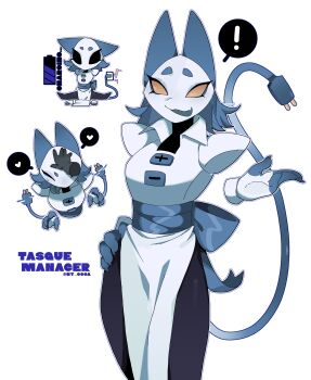 ! 1girl absurdres animal_ears bow bowtie character_name chibi chibi_inset colored_sclera cowboy_shot deltarune disembodied_hand dress furry hand_on_own_hip heart highres ny_000a robot short_hair simple_background spoken_heart tail tasque_manager thick_eyebrows utdr_(toby_fox) white_dress