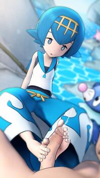 3d arm_support barefoot blue_eyes blue_hair blue_pants blue_sailor_collar bright_pupils capri_pants clothed_female_nude_male collarbone commentary corsola cum cum_on_body cum_on_feet dutch_angle ejaculation english_commentary fishing_rod footjob freckles gen_2_pokemon gen_7_pokemon greatm8 hairband highres lana_(pokemon) nintendo no_sclera nude one-piece_swimsuit outdoors pants parted_lips penis photoshop_(medium) pokemon pokemon_(creature) pokemon_sm popplio precum reclining sailor_collar shirt short_hair sitting sleeveless sleeveless_shirt soles source_filmmaker_(medium) swimsuit swimsuit_under_clothes uncensored wave_print white_pupils white_shirt yellow_hairband