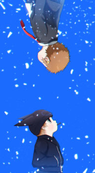 Rule 34 | 2boys, beanie, belt, belt buckle, black belt, black hat, black jacket, blazer, blue background, blush stickers, brown hair, buckle, buttons, cigarette, closed mouth, collared jacket, collared shirt, danganronpa (series), danganronpa v3: killing harmony, dual persona, fake horns, grey jacket, hands in pockets, hat, horned headwear, horns, hoshi ryoma, jacket, lapels, leather, leather jacket, light particles, long sleeves, looking ahead, looking to the side, male focus, mouth hold, multiple boys, necktie, notched lapels, official alternate costume, open clothes, open jacket, print headwear, r'l (arul-erur-plant-403), red necktie, school uniform, shirt, short hair, simple background, snowing, upper body, upturned eyes, white shirt, zipper