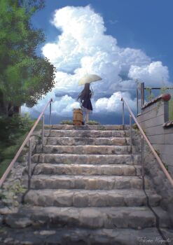 1girl absurdres artist_name black_hair black_skirt blue_capelet blue_sky capelet cloud commentary_request cumulonimbus_cloud day frilled_capelet frills from_behind hand_up highres holding holding_umbrella kushima_kamome long_hair medium_skirt open_mouth parasol rolling_suitcase scenery skirt sky solo stairs standing straight_hair suitcase summer_pockets takano_higashi tree umbrella very_long_hair white_umbrella wide_shot