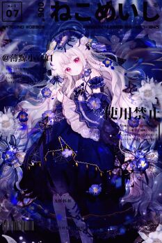 1girl animal animal_on_head animated animated_gif bare_shoulders black_bow black_bowtie blinking blue_background blue_dress blue_flower blue_sleeves boqing_xiao_guafu bow bowtie brooch bug chinese_commentary commentary_request commission detached_sleeves dot_nose dress expressionless eyelashes feet_out_of_frame flower frilled_armlet frilled_sleeves frills grey_pantyhose hair_bow hair_flower hair_ornament highres jewelry lace-trimmed_bow lace_trim light_blush light_particles long_hair long_sleeves looking_at_viewer medium_dress on_head original pansy pantyhose parted_lips pointy_ears red_eyes rose sample_watermark solo spider strapless strapless_dress striped_bow too_many_watermarks very_long_hair watermark wavy_hair weibo_watermark white_bow white_flower white_hair white_rose wide_sleeves