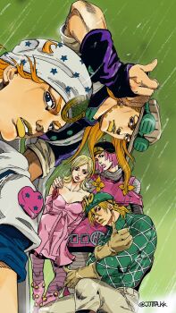 2girls 3boys araki_hirohiko_(style) argyle_clothes argyle_sweater art_program_in_frame beanie beard black_hat blonde_hair blue_eyes bob_cut bodysuit boots bridal_gauntlets brown_hat capelet clothing_cutout comic_cover_redraw commentary_request cowboy_hat derivative_work diego_brando dress facial_hair facial_mark flower_ornament gloves goggles goggles_on_headwear green_helmet green_sweater grey_bodysuit grey_gloves grey_pants gyro_zeppeli hat hatching_(texture) helmet highres horseshoe_hat_ornament horseshoe_ornament hot_pants_(sbr) jjba_kk johnny_joestar jojo_no_kimyou_na_bouken long_hair lucy_steel male_focus multiple_boys multiple_girls orange_hair orange_lips pants parted_lips pink_boots pink_capelet pink_dress pink_hair pink_lips procreate_(medium) procreate_(software) purple_bridal_gauntlets purple_shirt reference_inset screencap shirt short_hair shoulder_cutout star_(symbol) star_print steel_ball_run sweater teeth thumbs_up white_hat yellow_lips