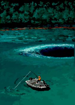 1other baseball_cap boat fishing fishing_rod hat highres hisachan55cute holding holding_fishing_rod hole lake original outdoors pixel_art scenery solo swirl watercraft whirlpool