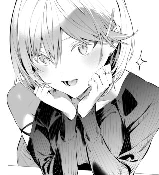 1girl collarbone earrings evergreen_eri greyscale hair_between_eyes hair_ornament hairclip haite_kudasai_takamine-san hands_on_own_cheeks hands_on_own_face hiiragi_yuuichi jewelry monochrome open_mouth pants ribbed_sweater short_hair single_bare_shoulder solo sparkle sweater upper_body