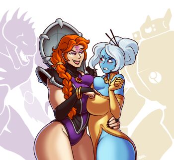 2girls alien angry ass black_lips black_nails blazbaros blue_skin bracelet braid braided_ponytail breast_press breasts bridal_gauntlets chinese_clothes colored_skin curvy genestealer grabbing_another's_breast groping hand_on_another's_waist high_collar huge_ass huge_breasts jewelry large_breasts leotard mecha monster multiple_girls muscular muscular_female nail_polish no_panties purple_eyes red_eyes red_hair robot seductive_smile sharp_nails sharp_teeth smile symmetrical_docking t'au teasing teeth thick_thighs thighs tyranid warhammer_40k white_hair wide_hips yuri