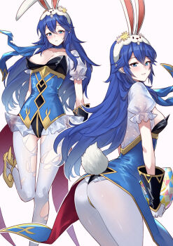 1girl alternate_costume ameno_(a_meno0) ass blue_eyes blue_hair blush breasts fire_emblem fire_emblem_awakening fire_emblem_heroes from_behind long_hair looking_at_viewer looking_back lucina_(fire_emblem) lucina_(spring_exalt)_(fire_emblem) nintendo pantyhose rabbit_ears rabbit_tail sideboob small_breasts smile solo very_long_hair