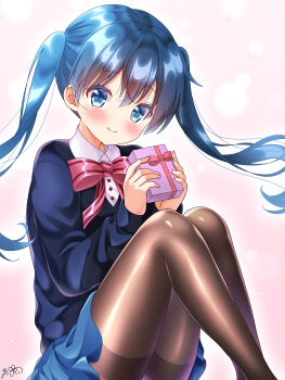 Rule 34 | 1girl, absurdres, birthday, blue cardigan, blue eyes, blue hair, blue skirt, blush, bow, bowtie, box, brown pantyhose, cardigan, collared shirt, commentary request, feet out of frame, floating hair, gift, gift box, highres, holding, holding gift, kin-iro mosaic, knees, knees up, komichi aya, legs, long hair, long sleeves, looking at viewer, miniskirt, moegi high school uniform, pantyhose, pink background, pink bow, pink bowtie, pleated skirt, school uniform, shiny clothes, shiny legwear, shirt, signature, simple background, sitting, skirt, smile, solo, sparkle, striped bow, striped bowtie, striped clothes, twintails, white shirt, winter uniform, yu-ka0919