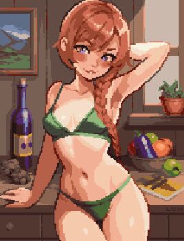 1girl blush bottle braid breasts collarbone hair_between_eyes hair_over_shoulder indoors leah_(stardew_valley) long_hair looking_at_viewer medium_breasts midriff navel orange_hair picture_frame pixel_art plant potted_plant purple_eyes seductive_smile smile solo stardew_valley thisislux underwear underwear_only window wine_bottle