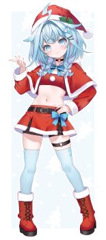 1girl absurdres ahoge belt black_belt black_choker blue_bow blue_bowtie blue_eyes blue_hair blue_skirt blue_thighhighs blush boots border bow bow_skirt bowtie braid capelet choker christmas closed_mouth commentary_request crop_top full_body fur-trimmed_boots fur-trimmed_capelet fur-trimmed_headwear fur_trim hair_bow hair_ornament hairclip hand_on_own_hip hand_up hat heart heart_o-ring highres hololive lace-up_boots lightning_ahoge long_hair long_sleeves looking_at_viewer low_twin_braids midriff miniskirt mizumiya_su multicolored_hair navel o-ring o-ring_choker o-ring_thigh_strap outline outside_border parallel_hairclips pink_hair red_boots red_capelet red_hat santa_costume santa_hat skirt smile solo standing streaked_hair thigh_strap thighhighs toketa-sekai twin_braids two-tone_hair virtual_youtuber white_border white_outline