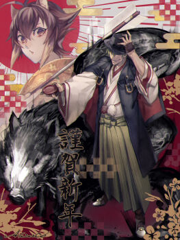 1boy 1girl akilico animal animal_ears animal_request arrow blazblue brown_hair green_hair hat hazama japanese_clothes kimono makoto_nanaya squirrel_ears