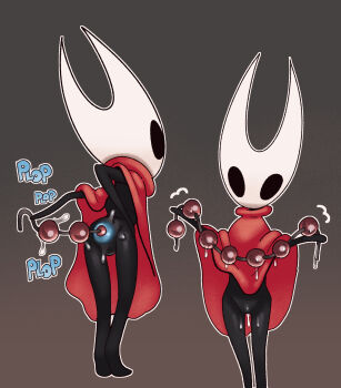 1girl anal anal_beads anal_object_insertion anus commentary dogmalord dress english_commentary highres hollow_knight hornet_(hollow_knight) multiple_views object_insertion red_dress sex_toy uncensored