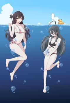 ... 2girls :d ahoge air_bubble barefoot bikini black_bikini black_choker black_hair blue_sky blush breasts bubble bygin chinese_text choker cleavage cloud collarbone commentary_request day hair_between_eyes highres kimishima_ayano legs long_hair looking_at_viewer medium_breasts multiple_girls navel ocean open_mouth outdoors partially_submerged partially_underwater_shot rubber_duck side-tie_bikini_bottom sky smile spoken_ellipsis standing standing_on_one_leg submerged suou_yuki swimming swimsuit thighs toes tokidoki_bosotto_roshia-go_de_dereru_tonari_no_alya-san underwater water
