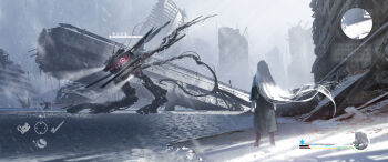 1girl absurdres asteroid_ill black_robe city fake_screenshot floating_hair floodlights from_behind glowing heads-up_display health_bar highres long_hair machine minimap original post-apocalypse robe ruins scenery snow snowing solo standing user_interface white_hair winter