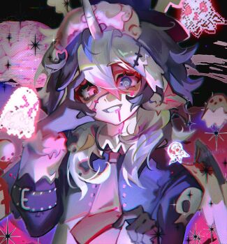 Rule 34 | 1girl, blood, blood from mouth, blue eyes, cloud (lufaeris), commentary, commission, double-parted bangs, english commentary, fake horns, ghost, gloves, grin, hair between eyes, heterochromia, highres, horns, looking at viewer, medium hair, necktie, original, pink blood, pink eyes, pink necktie, purple gloves, purple shirt, shirt, smile, solo, stitched face, stitches, upper body, wings, zombie