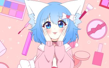 Rule 34 | :p, animal ear fluff, animal ears, blue eyes, blue hair, bow, collar, commentary, dot nose, english commentary, hair bow, hands on own cheeks, hands on own face, highres, indie virtual youtuber, makeup, makeup brush, mascara wand, multicolored hair, nail polish, pale skin, pink sailor collar, sailor collar, tongue, tongue out, wolf ears, wolf girl, wolfychu, wolfychu (artist)