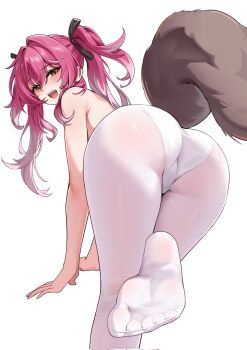 1girl black_bow blush bow commentary corrupted_twitter_file feet from_behind gradient_hair hair_bow highres looking_at_viewer looking_back lupa_(wuthering_waves) multicolored_hair no_shoes open_mouth panties pantyhose pink_hair red_pupils shenqi_xiao_hong_zai_nali simple_background smile soles solo symbol-only_commentary tail toes topless_female twintails underwear white_background white_panties white_pantyhose wolf_tail wuthering_waves yellow_eyes