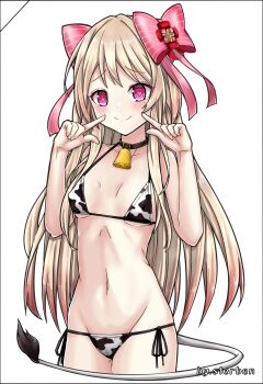 1girl animal_print artist_name bikini breasts chaos_marie_(grimms_notes) closed_mouth covered_erect_nipples cow_print cow_print_bikini cowboy_shot grimms_notes highres navel pink_eyes print_bikini small_breasts smile sterben_(sterben_dead) swimsuit white_background