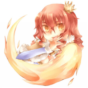 1girl blush breasts brown_cape cape cleavage commentary_request crown fire fur-trimmed_cape fur-trimmed_sleeves fur_trim large_breasts long_hair looking_at_viewer lunaraven mini_crown open_mouth pyrokinesis ragnarok_online red_hair simple_background smile solo white_background wizard_(ragnarok_online) yellow_eyes