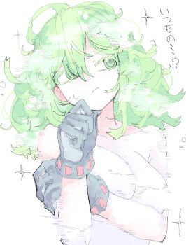 absurdres boku_no_hero_academia breasts colored_eyelashes convenient_censoring gloves green_eyes green_hair grey_gloves hagakure_toru highres large_breasts messy_hair mocamocaink nude solo steam steam_censor thinking