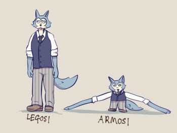 1boy :3 anatomical_nonsense animal_ears animal_nose beastars black_eyes black_necktie blue_fur blue_vest body_fur boke-chan brown_background brown_footwear buttons character_name closed_mouth english_text furry furry_male grey_pants half-closed_eyes legoshi male_focus meme multiple_views necktie pants pun shirt shoes simple_background sketch sleeves_rolled_up snout striped_clothes striped_pants tail two-tone_fur unmoving_pattern vest what white_shirt wolf_boy wolf_ears wolf_tail yellow_fur