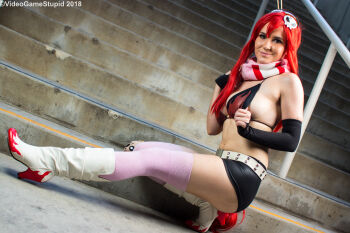 1girl asymmetrical_gloves beccadex belt bikini bikini_top_only boota_(ttgl) boots breasts cleavage cosplay_photo elbow_gloves fingerless_gloves flame_print gloves hair_ornament hair_stick high_ponytail large_breasts leather_shorts long_sidelocks looking_at_viewer navel no_shirt nose_piercing nose_ring photo_(medium) piercing pink_scarf pink_thighhighs ponytail pulling_own_clothes real_life red_hair scarf short_shorts shorts sidelocks single_elbow_glove skull_hair_ornament solo stairs stairwell studded_belt sunglasses tengen_toppa_gurren_lagann thighhighs uneven_gloves yoko_littner yoko_littner_(cosplay)