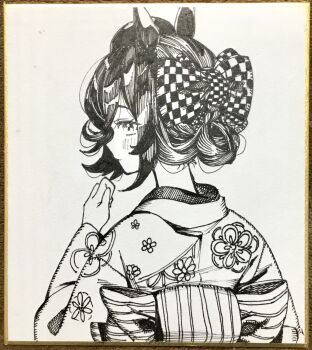 1girl animal_ears bow checkered_bow checkered_clothes closed_mouth commentary_request floral_print floral_print_kimono from_behind greyscale hair_bow hat highres horse_ears horse_girl japanese_clothes kimono long_sleeves looking_at_viewer looking_back monochrome obi pen_(medium) print_kimono rice_shower_(umamusume) sash shikishi simple_background solo traditional_media umamusume white_background yomean!