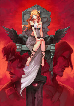 Rule 34 | 1girl, 2boys, ancient greek clothes, anklet, armlet, armor, back-to-back, barefoot, beard, belt, black belt, black hair, blonde hair, blue eyes, bracelet, breasts, center opening, chest belt, clenched hands, closed mouth, commentary, dress, earrings, english commentary, expressionless, eyelashes, facial hair, feet, flower, full body, greco-roman clothes, greek mythology, hair flower, hair ornament, hands on own knees, helen of troy, jewelry, light blush, lips, long dress, long hair, looking at viewer, menelaus (the iliad), multiple boys, mustache, original, paris (mythology), parted lips, patipat asavasena, peplos, red background, short hair, side slit, sidelocks, sitting, sitting on throne, sleeveless, sleeveless dress, small breasts, teeth, thick eyebrows, throne, toenails, toes, upper body, wavy hair, white dress, yellow flower