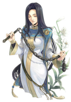 Rule 34 | 1girl, black hair, blue cape, breasts, cape, closed eyes, closed mouth, commentary request, cropped legs, curtained hair, flail, flower, holding, holding flail, holding weapon, light smile, long hair, long sleeves, mature female, medium breasts, original, parted bangs, piyo, robe, solo, very long hair, weapon, white background, white flower, white robe