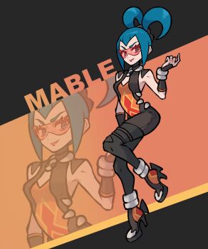 1girl absurdres anklet black_background black_bodysuit black_boots blue_eyes blue_hair bodysuit boots bracelet character_name cleavage_cutout clothing_cutout commentary commission cosplay english_commentary gen_2_pokemon hair_rings high_heels highres houndoom houndoom_(cosplay) jewelry lipstick mable_(pokemon) makeup nintendo orange_background pokemon pokemon_legends:_z-a rgreywind safety_glasses sidelocks thigh_boots two-tone_background zoom_layer