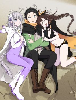 Rule 34 | 108 omonpakaru, 1boy, 2girls, ?, black eyes, black hair, black pants, bodysuit, boots, braid, brown boots, brown hair, closed eyes, commentary request, crossed arms, emilia (re:zero), flying sweatdrops, grey hair, highres, hood, hood down, long hair, multiple girls, natsuki subaru, navel, open mouth, pants, purple bodysuit, purple eyes, re:zero kara hajimeru isekai seikatsu, shaula (re:zero), white boots