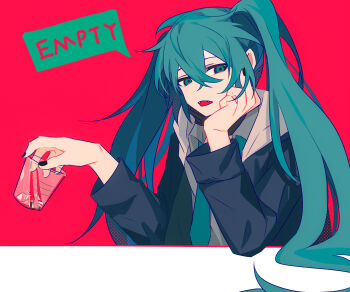 1girl aqua_eyes aqua_hair aqua_necktie black_jacket black_mask black_nails chinese_commentary collared_shirt commentary_request crossed_bangs cup double-parted_bangs english_text fangs frown grey_hood grey_shirt hair_between_eyes halftone hand_on_own_cheek hand_on_own_face hatsune_miku highres holding holding_cup hood hood_down hooded_jacket ice ice_cube jacket long_hair long_sleeves looking_at_viewer mask mask_pull middle_finger mouth_mask nail_polish necktie open_clothes open_jacket open_mouth partial_commentary puffy_long_sleeves puffy_sleeves red_background shirt simple_background solo speech_bubble twintails upper_body very_long_hair vocaloid ximuye
