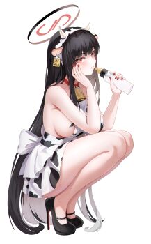 1girl absurdres alternate_costume animal_ear_hairband animal_ears black_hair black_halo blue_archive breasts bright_pupils cow_ear_hairband cow_ears cow_print_dress fake_animal_ears fake_horns full_body hairband halo high_heels highres horn_hairband horns jinone large_breasts long_hair looking_at_viewer multicolored_halo red_eyes ringed_eyes rio_(blue_archive) simple_background solo squatting two-tone_halo white_background white_pupils