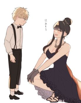 1boy 1girl age_difference black_hair blonde_hair blush breasts closed_eyes closed_mouth dress hairband height_difference hetero large_breasts long_hair long_sleeves nako_(5a64_sf) onee-shota open_mouth pants shirt short_hair shota sidelocks simple_background size_difference smile spy_x_family standing translation_request twilight_(spy_x_family) white_background yor_briar