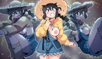 1girl :o absurdres arm_at_side belt belt_buckle black_belt black_eyes black_hair blue_overalls blush_stickers braid breasts buckle commentary english_commentary fang hand_up hat highres hooded_shrug large_breasts leg_warmers long_hair long_sleeves looking_at_viewer looking_to_the_side lucia_(scott_malin) miniskirt multiple_views nipples no_bra open_mouth original outline overall_skirt overalls reclining scott_malin shrug_(clothing) sideways_glance single_braid skirt smile squatting straw_hat variant_set white_mouth white_outline yellow_shrug