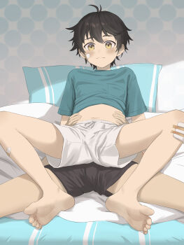 2boys absurdres bandaid bandaid_on_face bandaid_on_leg barefoot bishounen black_hair black_shorts blue_shirt blush bulge closed_mouth clothes_lift clothes_pull commentary_request feet grabbing_from_behind hands_on_another&#039;s_stomach highres looking_at_viewer luye_yuan male_focus messy_hair multiple_boys navel on_bed original pillow reverse_upright_straddle sex sex_from_behind shirt shirt_lift shirt_pull short_hair shorts shota simple_background sitting sitting_on_lap sitting_on_person soles spread_legs toes white_shorts yaoi yellow_eyes